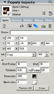Поле End Frame вкладки Sprite на панели Property Inspector